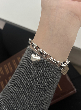 s925纯银复古手链男女爱心方牌吊坠小众设计ins冷淡风潮银饰戒指
