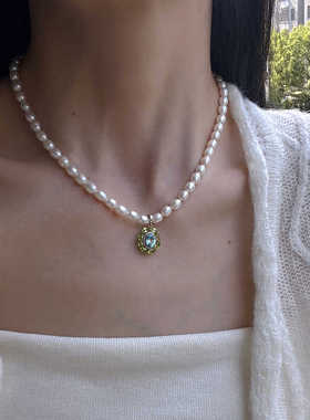 纯银女天然珍珠托帕石项链礼物