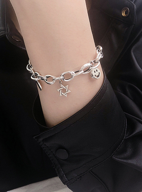 个性s925纯银六芒星ins潮粗手链