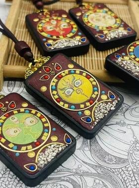 西藏手工镶嵌唐卡五路财神项吊坠