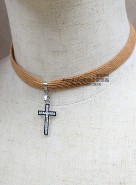 灯芯绒十字架废土风锁骨链项链choker简约百搭秋冬毛衣链朋克辣妹
