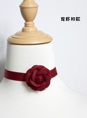 少女酒红山茶花蝴蝶结毛绒脖圈项链锁骨链choker日系可爱女m软妹
