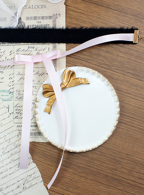 淡粉长款蝴蝶结x黑色毛绒毛线锁骨链双层叠戴choker秋冬少女甜妹