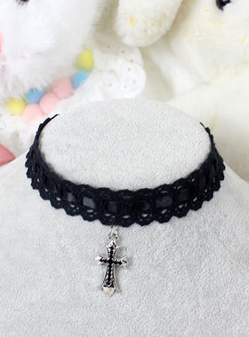 古罗马风十字架锁骨链项链choker颈饰脖子小众蕾丝复古哥特暗黑色