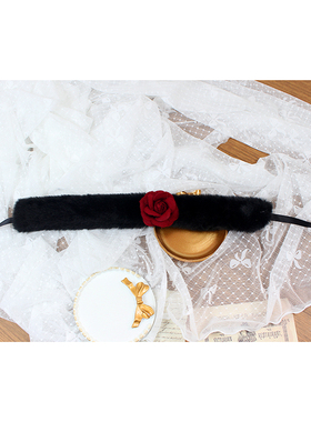 酒红色山茶花黑色毛绒项圈项链锁骨链绑带Lolita哥特choker玫瑰