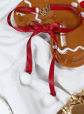 圣诞结&毛绒球锁骨链项链酒红氛围感长款choker双层可爱秋冬百搭