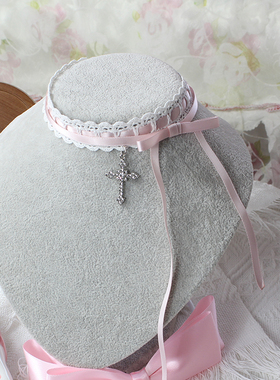 粉白十字架双层叠戴蕾丝项链choker项圈锁骨链修女少女甜妹蝴蝶结