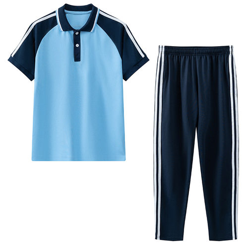 夏季初中高中生班服运动服套装小学生男女蓝白校服短袖长裤两件套 - 图1