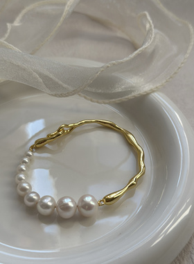 《流光》流体半镯镀金厚实淡水珍珠格物手工制作高级小众设计