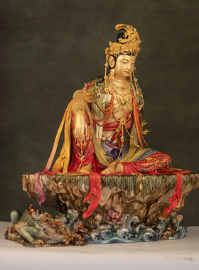 台湾纯黄铜珐琅彩观音供奉摆件