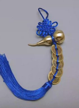 蓝色线绳开口铜葫芦吊五帝钱六帝钱六乾隆铜钱吉祥中国结家居挂饰