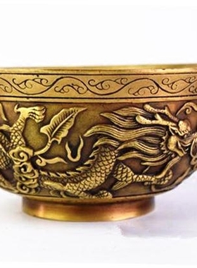 铜碗纯铜双龙碗黄铜仿古龙凤碗龙凤铜碗中式客厅卧室家居饰品摆件