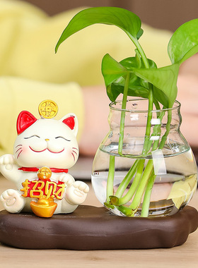 办公桌摆件招财猫装饰品玻璃花瓶办公文化礼品办公室可爱手工