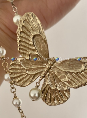 清仓2024年新款轻奢高级感choker镂空哑光金色大号蝴蝶珍珠项链女