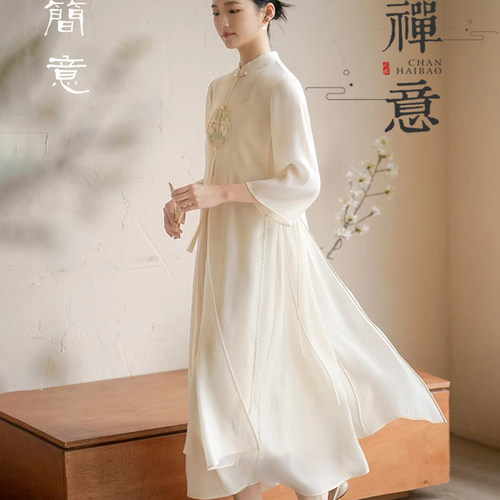 新中式禅意佛系高端女装茶服中国风汉服改良版连衣裙古筝琴演出服 - 图2