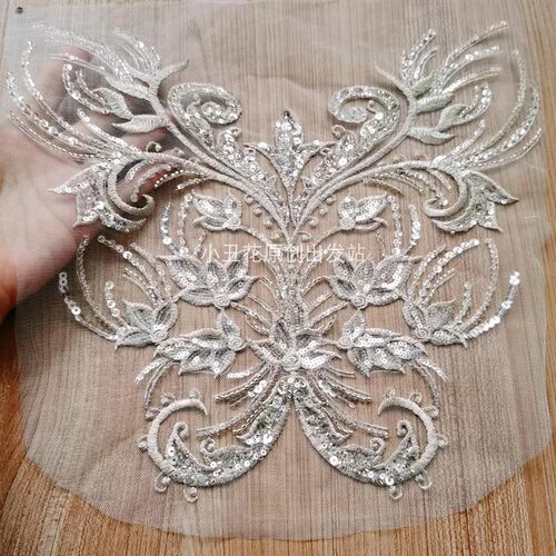 银色珠绣大蝴蝶 布贴花贴 重工珠绣亮片蝴蝶新娘婚纱礼服DIY辅料 - 图0