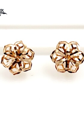 正品俄罗斯14K玫瑰金AU585爆闪镂空花朵耳钉女新款时尚闪亮紫金