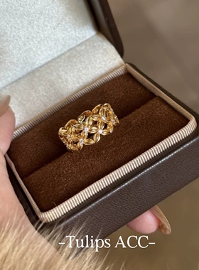 金色镂空四叶花点钻戒指开口可调节轻奢高级感尾戒食指戒小指指环