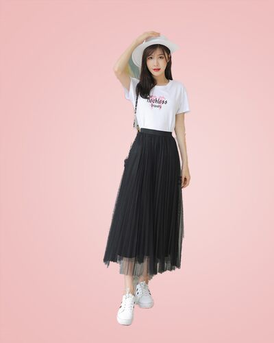 网纱裙半身裙2020夏季新款中长款百搭仙女裙百褶显瘦长裙大摆裙 - 图1