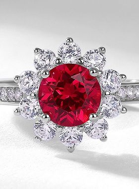 欧美新款太阳花培育红宝戒指女轻