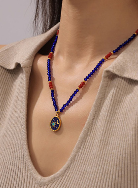 欧美跨境蓝红色水晶石手工编织项