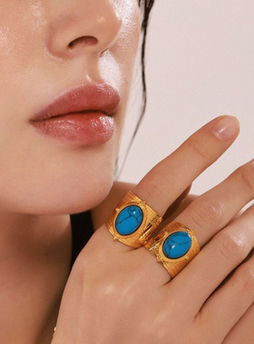 谜丽英伦风纹理蓝松石戒指不锈钢