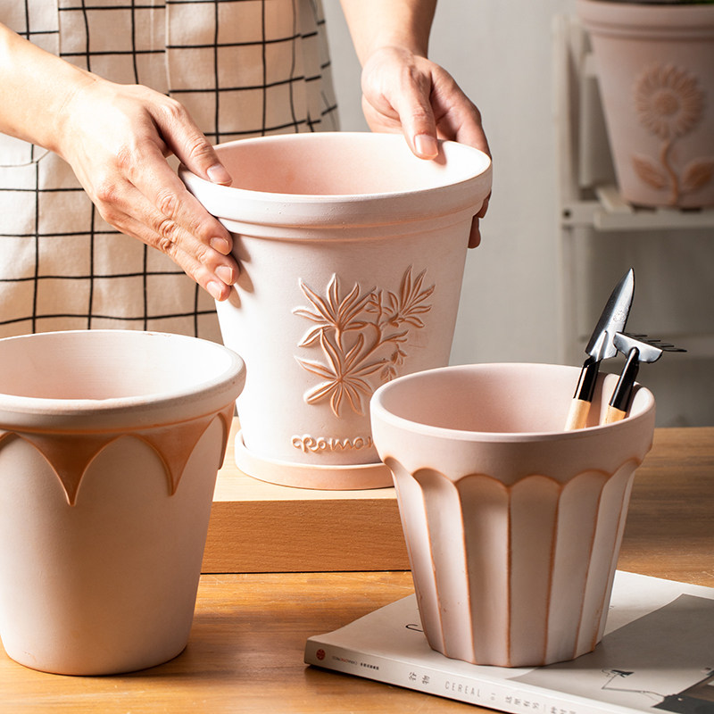 雾化白复古红陶土花盆透气浮雕做旧花园阳台简约绿植大号盆栽装饰,淘宝优惠券,粉丝福利购,淘宝优惠卷