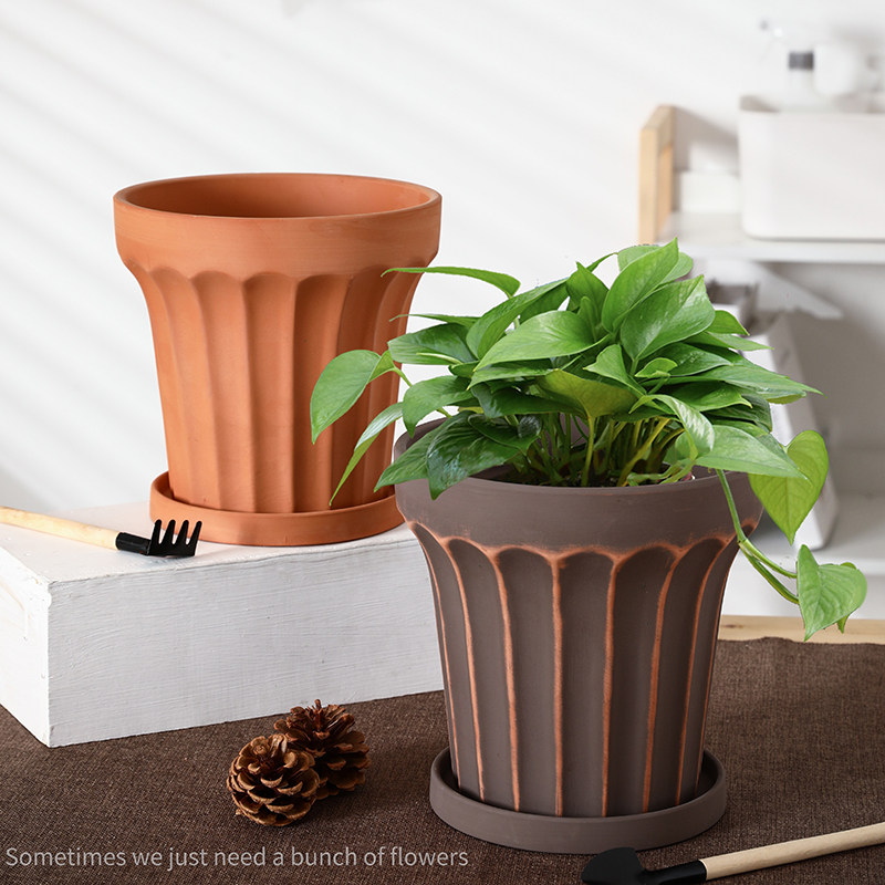 宽边条纹复古陶土花盆简约透气个性大口径客厅阳台花园落地带托盘,淘宝优惠券,粉丝福利购,淘宝优惠卷
