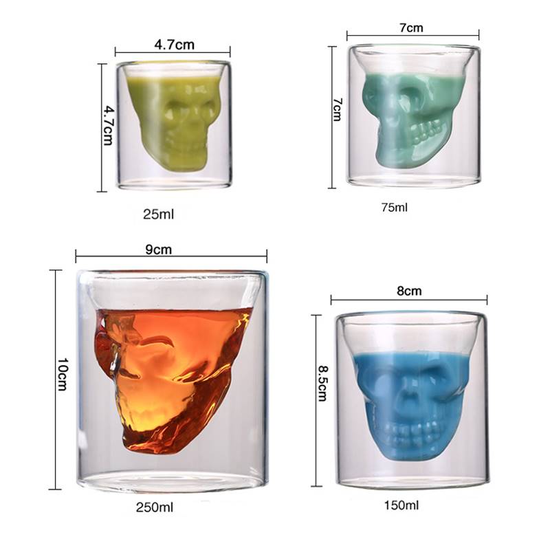 4pcs 25-250ml Double Glass Cup Transparent Skull Wine Milk W - 图3