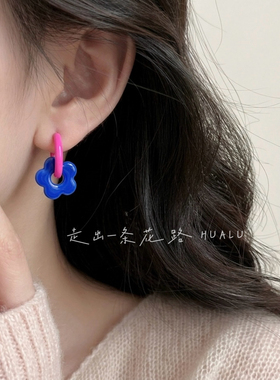 HUALU-怪诞少女～可爱甜美黄蓝撞色花朵耳扣多巴胺彩色耳圈耳环