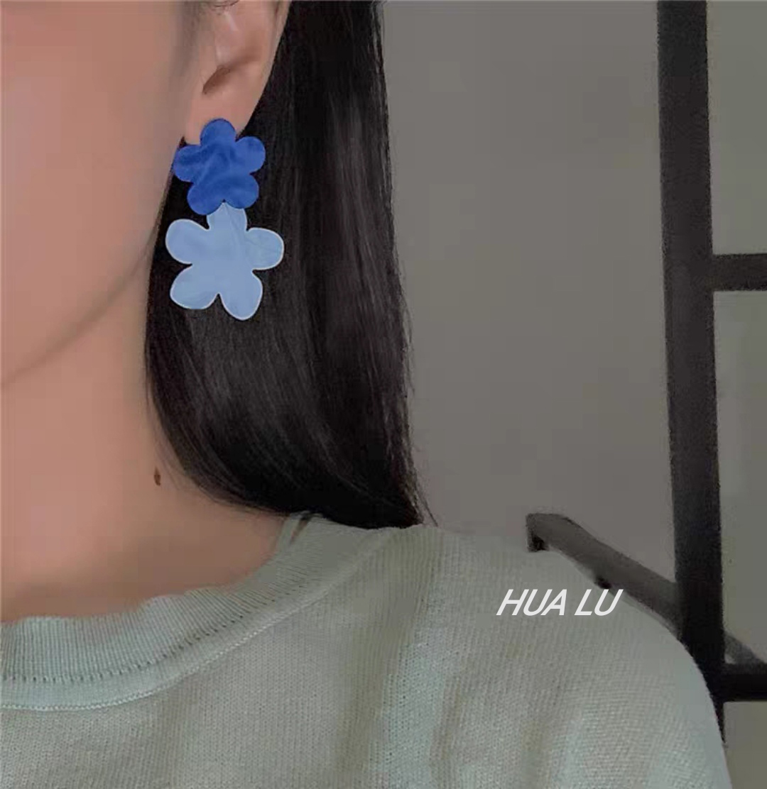 HUALU/ 蓝蓝天空 小花花可爱少女耳钉撞色蓝色花朵耳环耳夹 新品