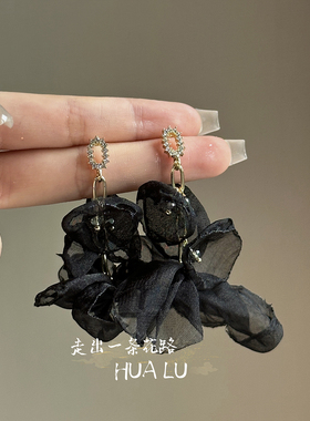 森系绢纱花朵长款蝴蝶结耳钉