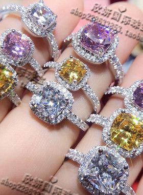 公主方肥方形群镶女钻戒指