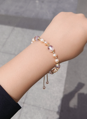 天然巴洛克淡水珍珠手链女法式紫色水晶手串ins小众设计学生手饰