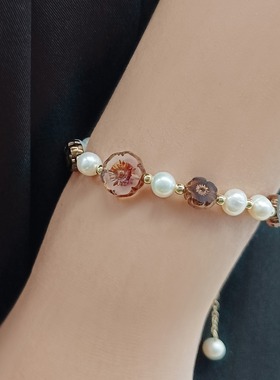 茶香花梦|6-7mm天然淡水珍珠手链搭配复古捷克珠原创设计森系质感
