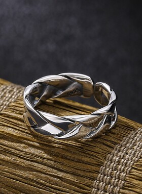 克罗潮925纯银爱心对戒编织亮面尾戒时尚潮流开口指环男女款戒指