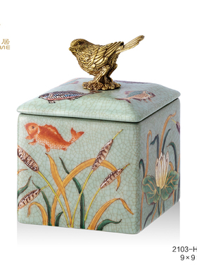 茱莉安法式复古陶瓷配铜金色绿色盖盒带盖装饰盒桌面饰品小摆件