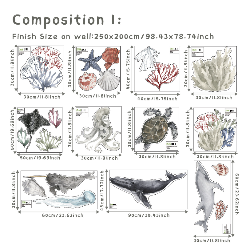 ins新款海洋生物diy装饰自粘墙贴北欧水彩海底世界贴画卧室贴纸