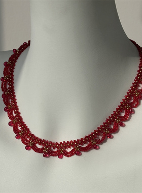 深红色浪漫法式复古手工编织蕾丝项链锁骨链chocker颈圈