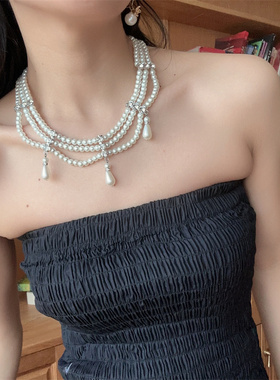 法式晚宴复古珍珠项链水滴时髦气质闪钻流苏锁骨链毛衣链