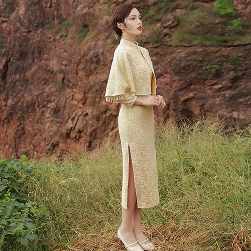 Легкое ципао, плащ, длинная накидка, платье, ретро демисезонный комплект, 2021 года