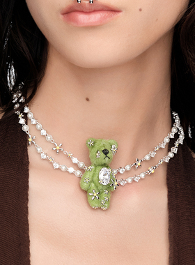 YVMIN尤目 草地布料小熊双层链宝石镶嵌珍珠项链生日礼物新品