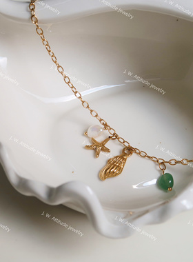 J.W. ins风 复古风  海的交响曲 海星贝壳珍珠东陵玉吊坠项链