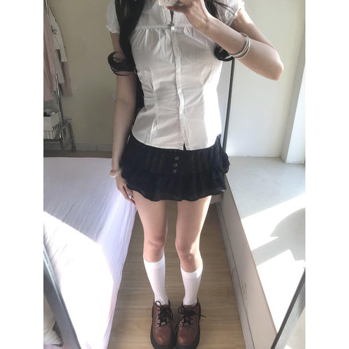 BM甜美娃娃领复古波点短袖衬衫收腰显瘦红色格纹开衫纽扣短袖上衣 - 图3