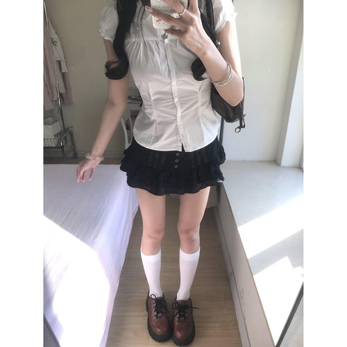 BM甜美娃娃领复古波点短袖衬衫收腰显瘦红色格纹开衫纽扣短袖上衣 - 图0