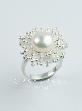 原创纯手工950纯银花朵珍珠戒指