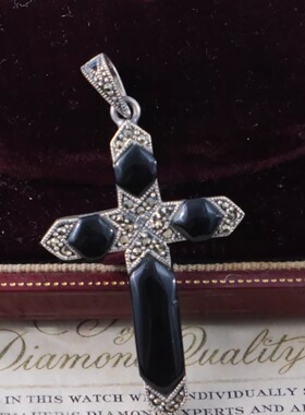 Vintage纯银黑曜石十字架吊坠 镀银手工复古项链 欧洲淘回孤品