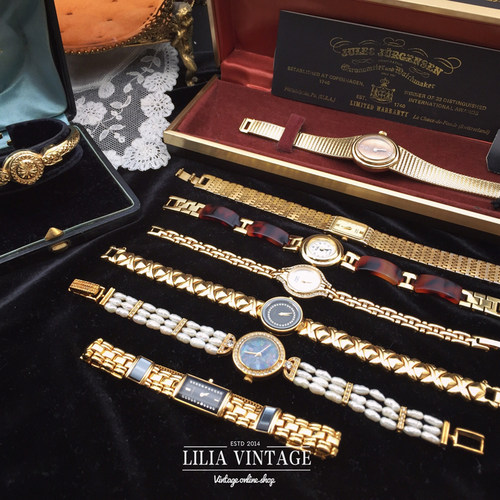 Vintage海外古董首饰品彩宝珍珠水钻莱茵石镀金镯腕中古手表1 - 图1