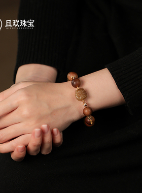 【兆丰年手串】天然臻选横纹老山檀带醒狮和田玉雕刻高品级手串