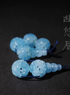 海蓝宝镂空雕刻佛头套珠手串配饰